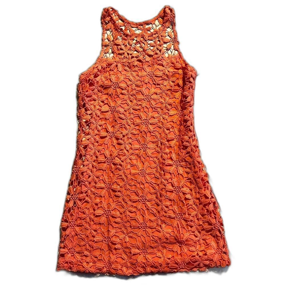 Hollister Women’s Coral Orange Floral Lace Sleeveless Dress Size Small